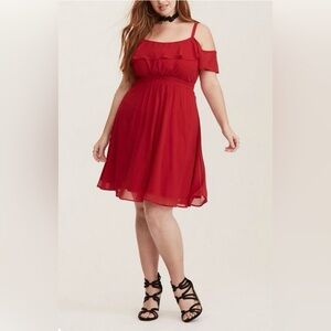 Torrid Red Chiffon Ruffled Cold Shoulder Skater Dress